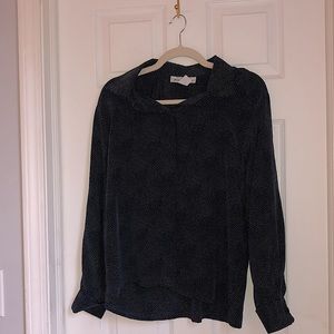 Saks Fifth Avenue Silk Navy & White Polka Dot Long-Sleeve Button Up Blouse